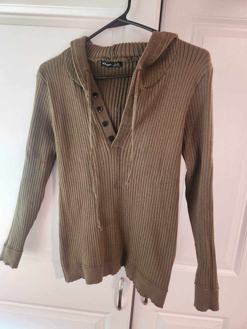 Ribbed V-Neck Hooded Sweater - Olive